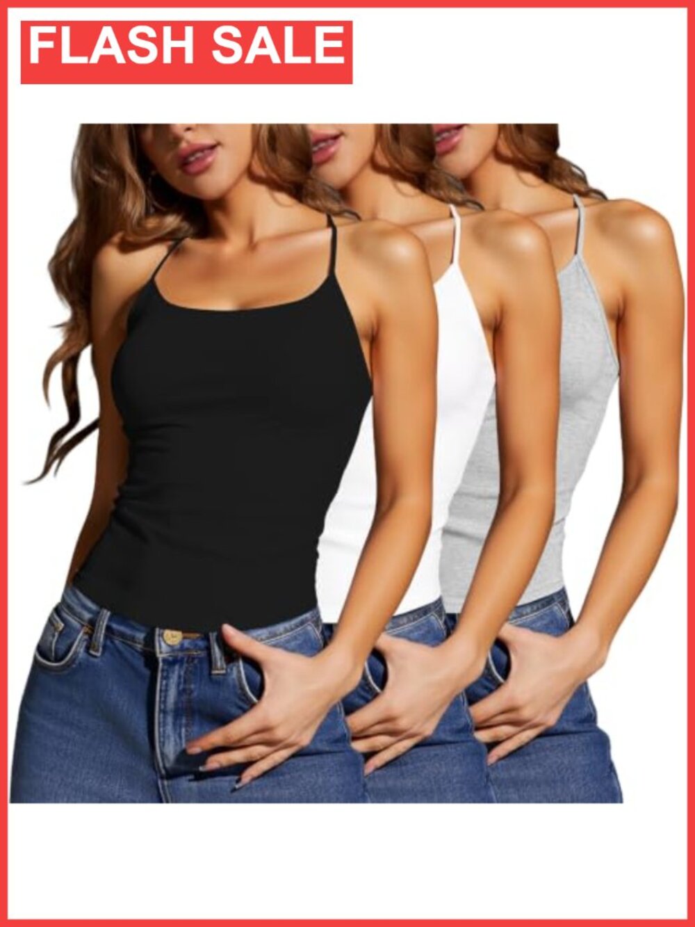 Women's 3-Pack Camisole Tank Tops Scoop Neck Adjustable Spaghetti Strap Slim Fit